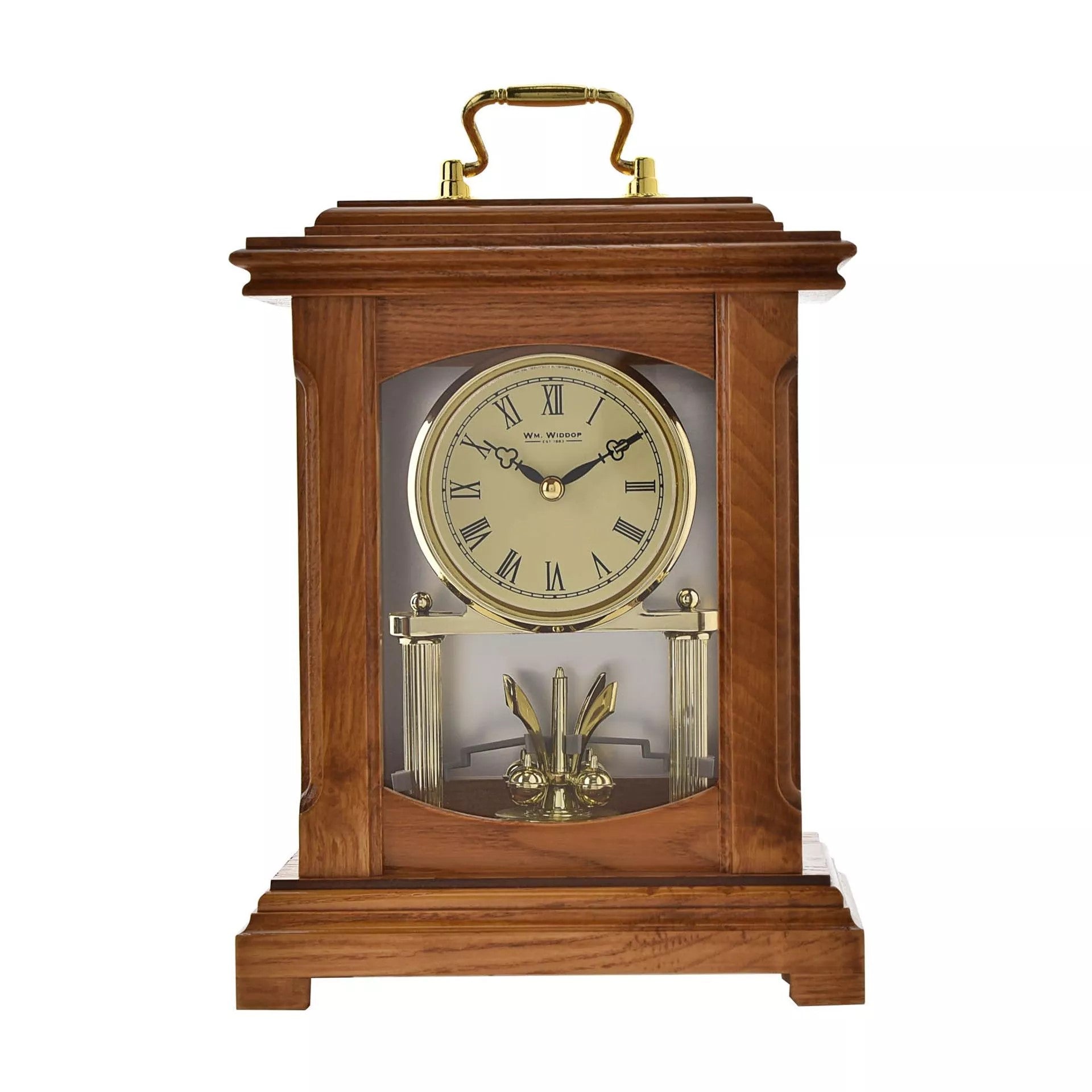 Wood mantel clock with lantern style design and handle, featuring classic Widdop & Co craftsmanship.