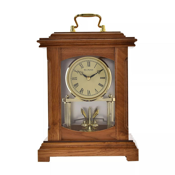 Wood mantel clock with lantern style design and handle, featuring classic Widdop & Co craftsmanship.