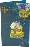 Contemporary Husband Birthday Card Featuring Balloons Attached to Gifts
