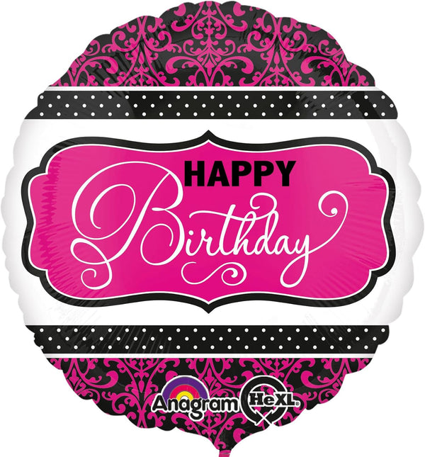 Round foil birthday balloon with intricate filigree and damask design by Xpress Yourself, perfect for celebration decor.