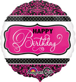Round foil birthday balloon with intricate filigree and damask design by Xpress Yourself, perfect for celebration decor.