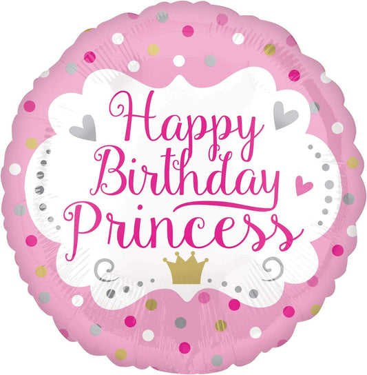 Small round foil balloon with "Happy Birthday Princess" message, featuring colorful birthday-themed graphics, by Xpress Yourself.