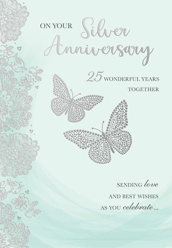 Silver 25th anniversary greeting card by Xpress Yourself with elegant design and celebratory details.