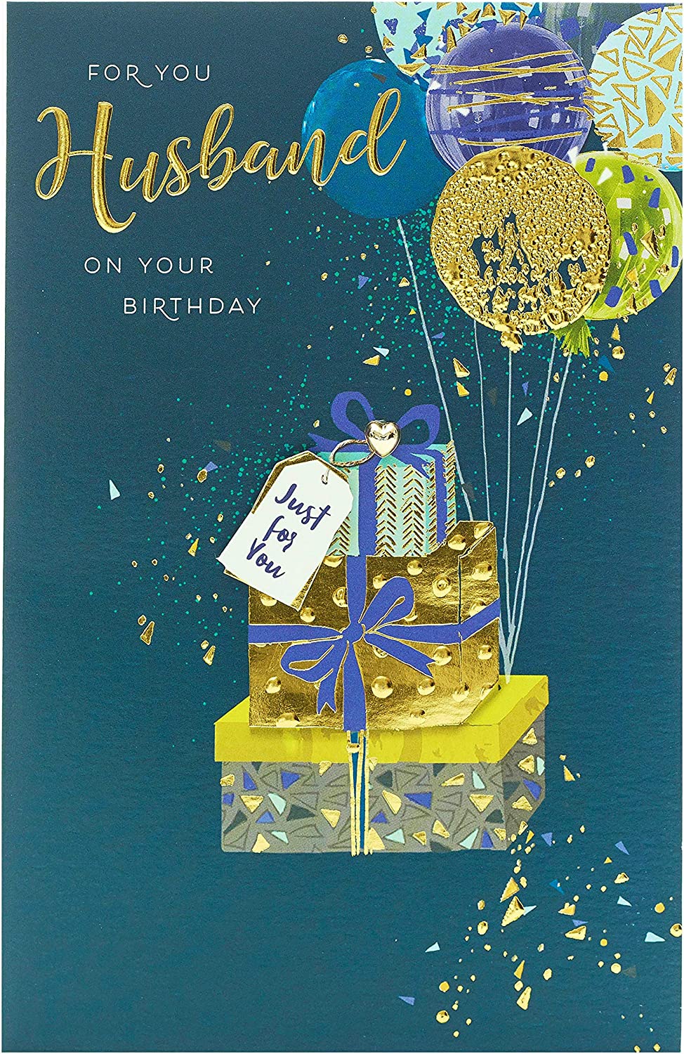 Contemporary Husband Birthday Card Featuring Balloons Attached to Gifts