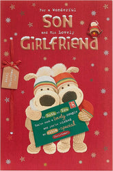 Two Boofles Holding a Large Card Design for Son & Girlfriend Christmas Card