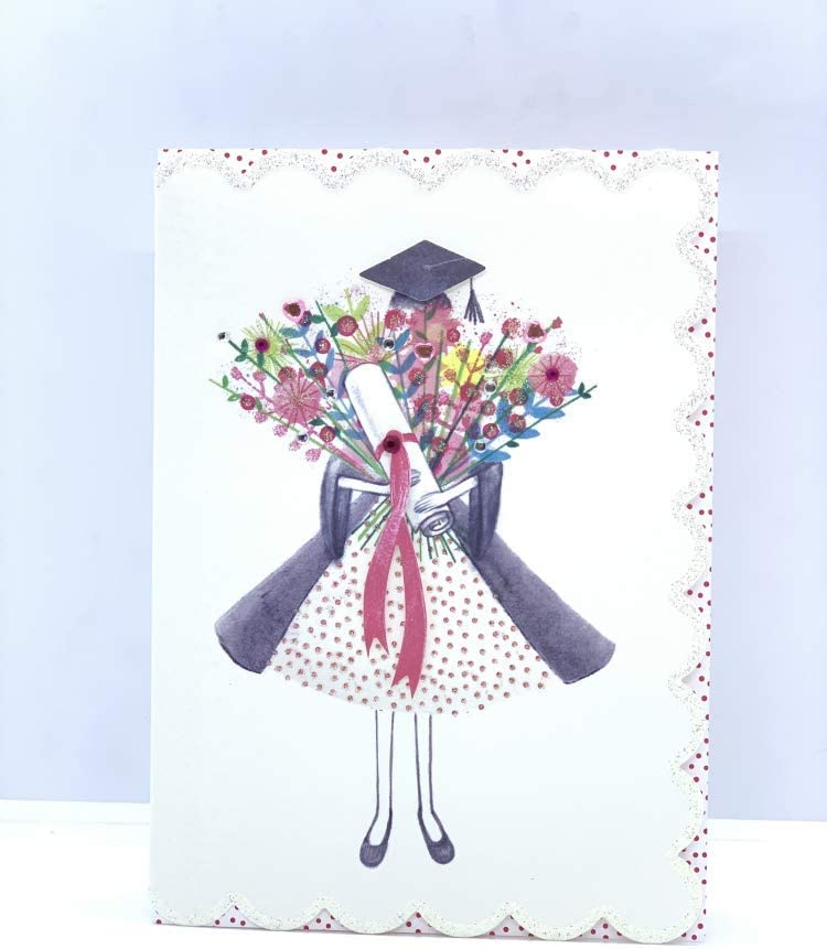 Finished with Glitter and Diamantes Girl with Flowers Graduation Card