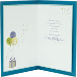 Contemporary Husband Birthday Card Featuring Balloons Attached to Gifts