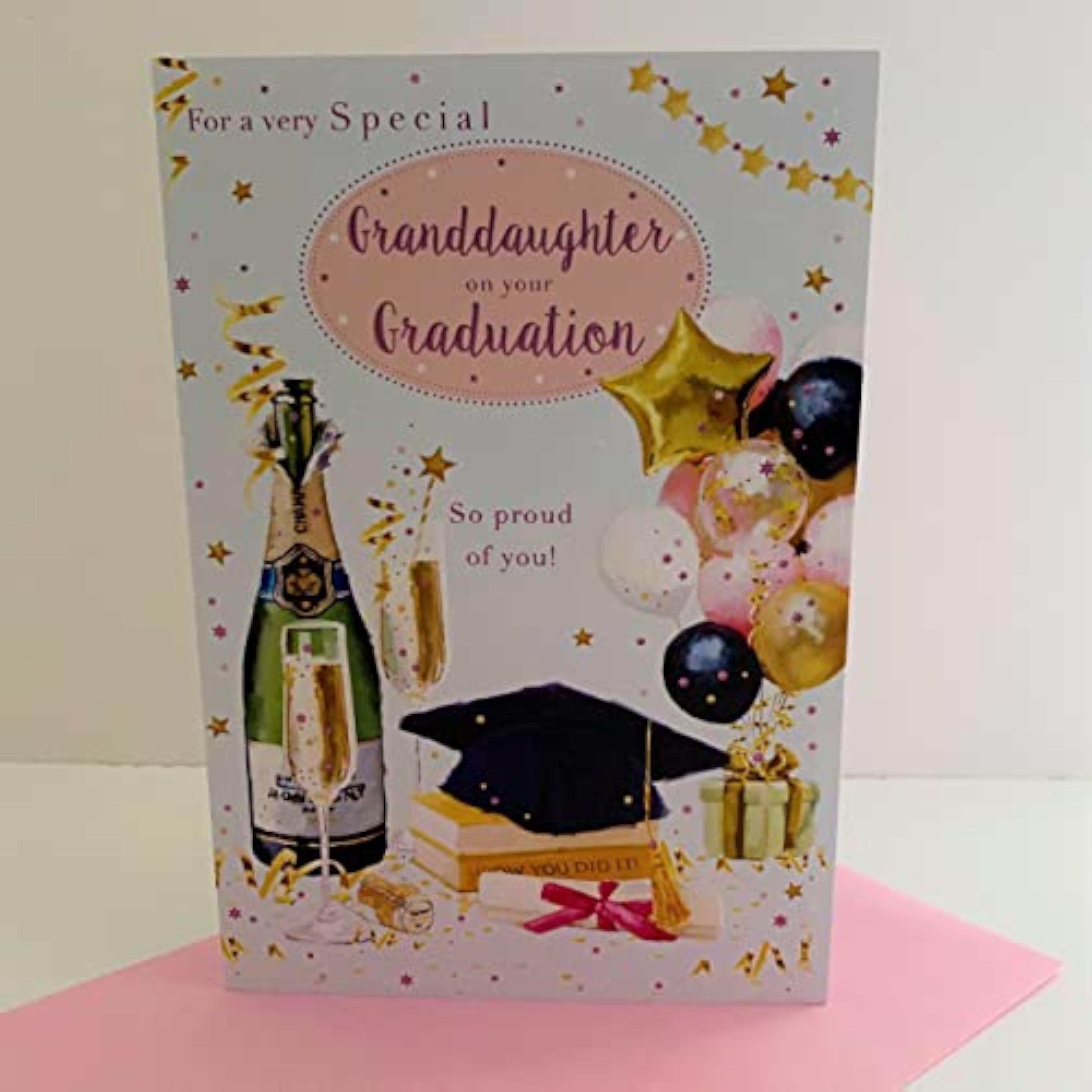 ICG Granddaughter Graduation Congratulations Card - Hats, Books, Balloons, Champagne Bottle