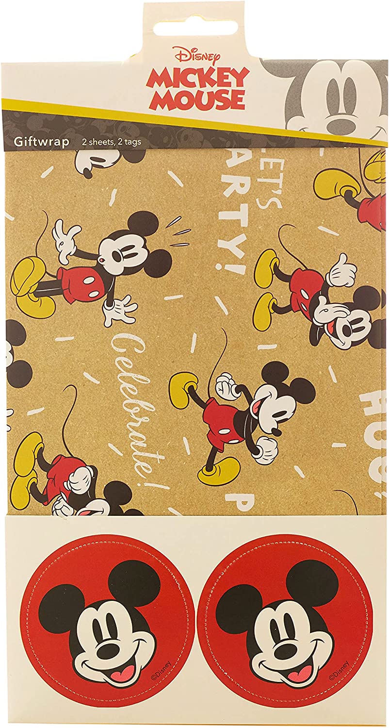 Disney Mickey Mouse Packaged Birthday Wrap 2 Sheets and 2 Tags Wrapping Paper