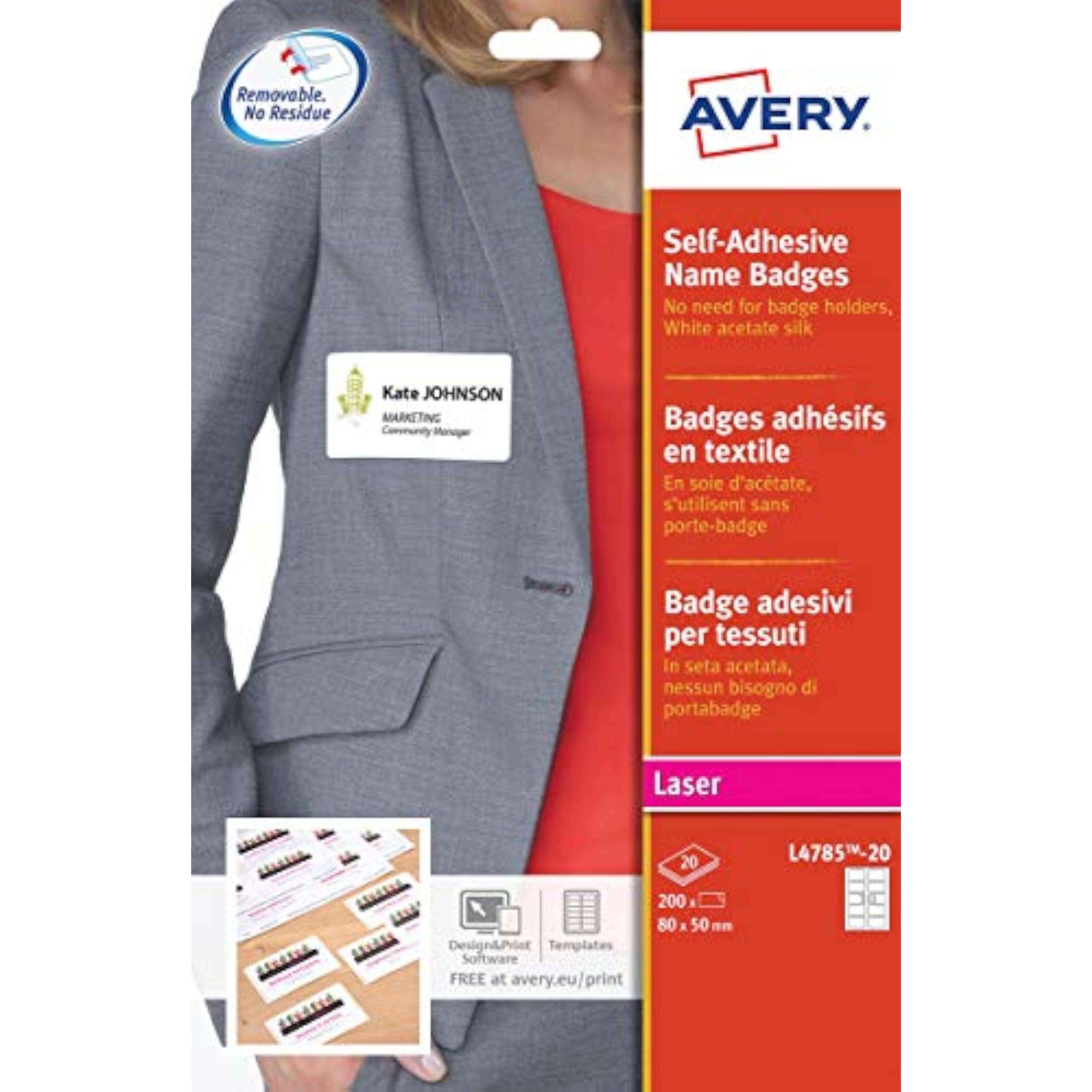 Avery 91781 Acetate Silk Badge Labels 10Et/Fg, 20Fg Laser, White, 80 x 50 mm