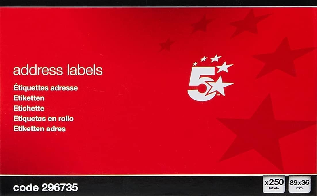 Roll of 250 5 Star office address labels, 89x36mm, featuring white adhesive label sheets for mailing and organization.
