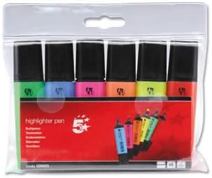Assorted 5 Star highlighters with chisel tips in a pack of six, featuring bright colors for highlighting text and notes.