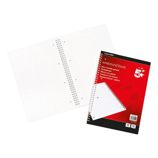 A pack of 10 5 Star wirebound notebooks with 70gsm ruled paper, margin, and perforations, A4 size, 50 sheets each.