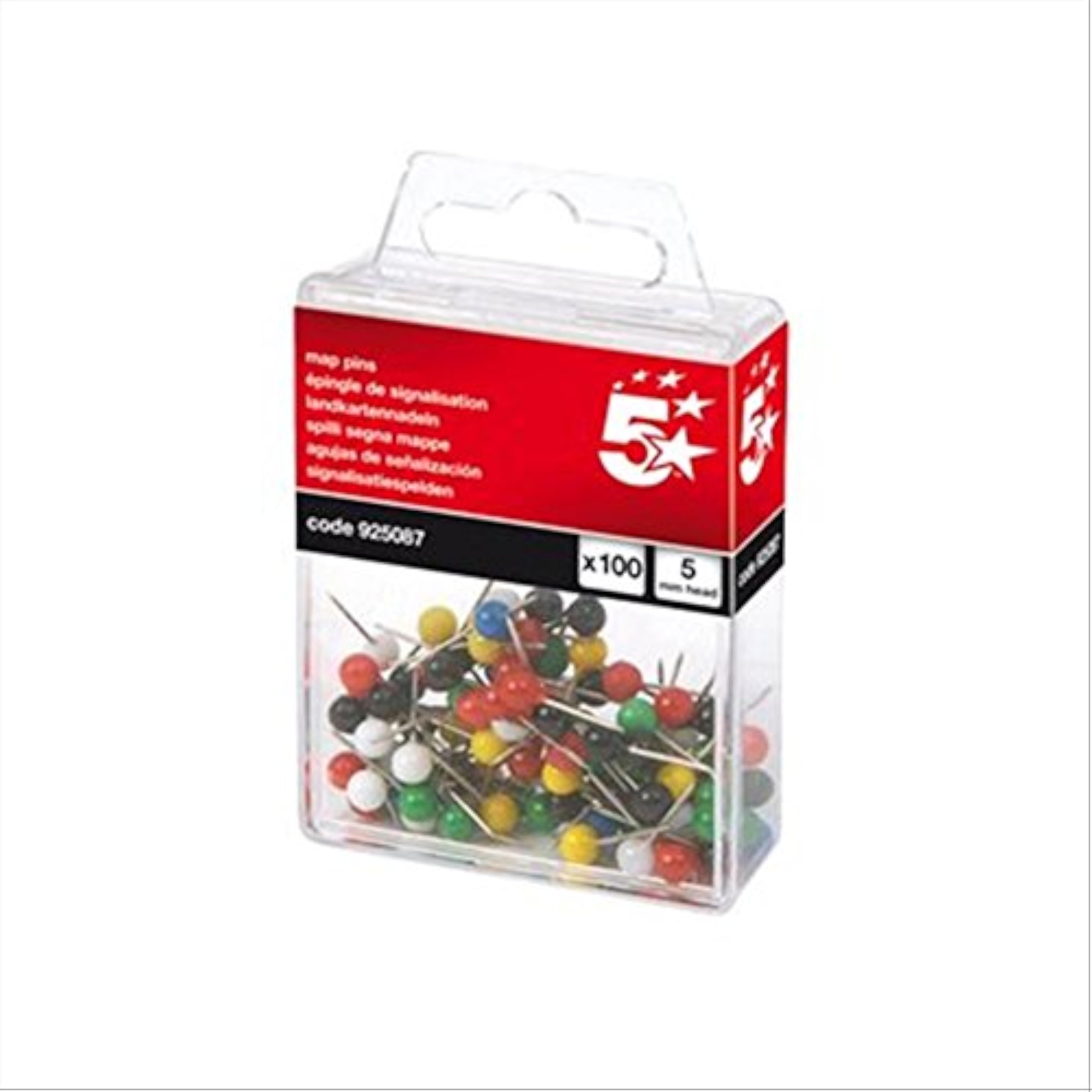 Assorted 5mm colored push pins on a 5 Star Office Map for greeting cards, displaying vibrant pins for office or craft use.