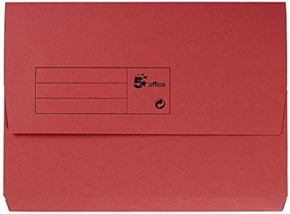 5 Star red A4 half flap document wallet made of 285gsm paper, shown in a pack of 50 for organizing documents.