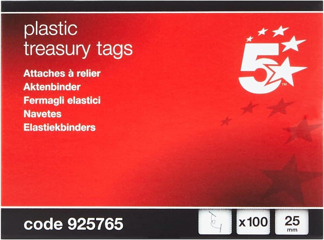 Pack of 100 5 Star red plastic treasury tags with 25mm size and plastic ends for secure attachment and organization.