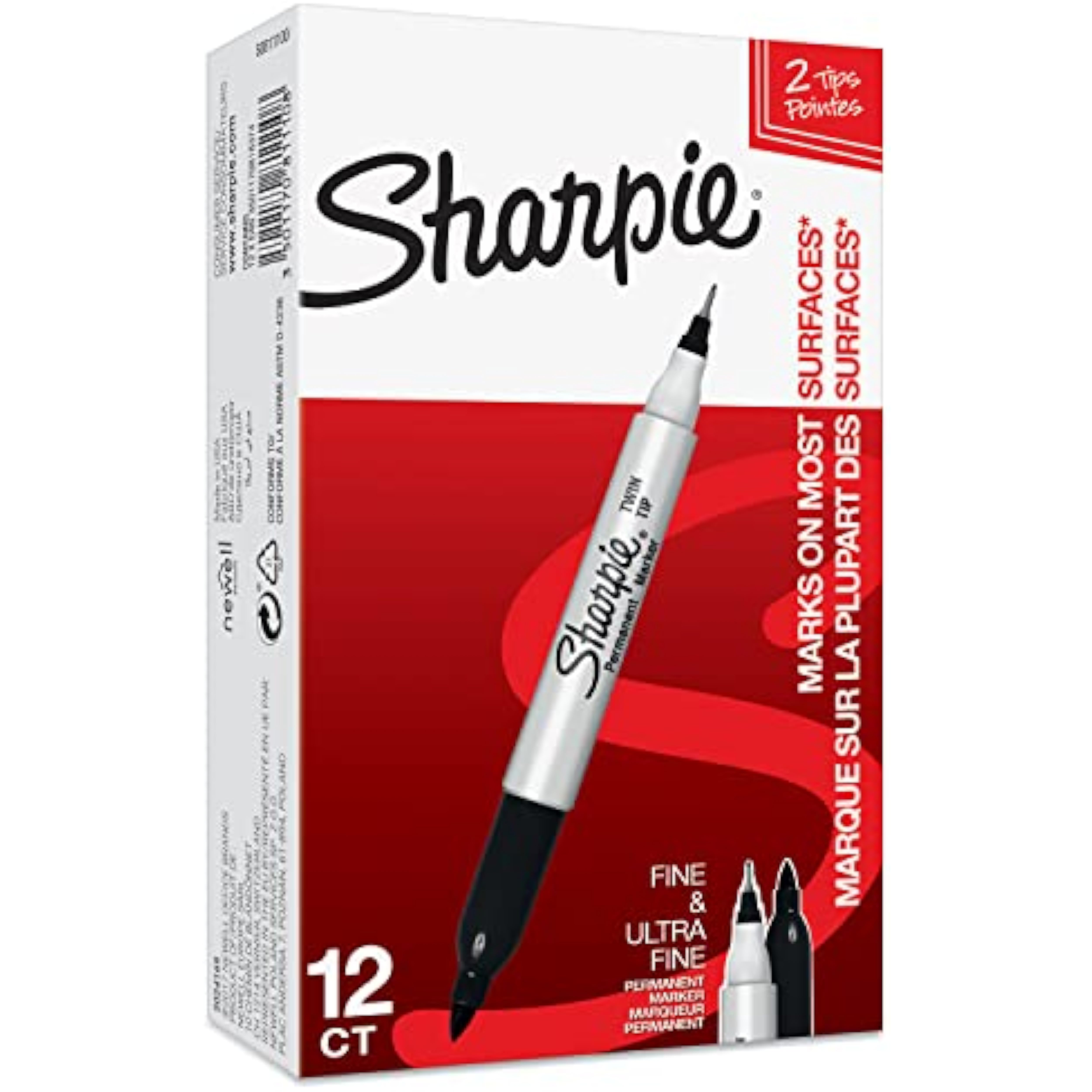 Sharpie Twin Tip Permanent Marker Pens - Black Ink - Pack of 12