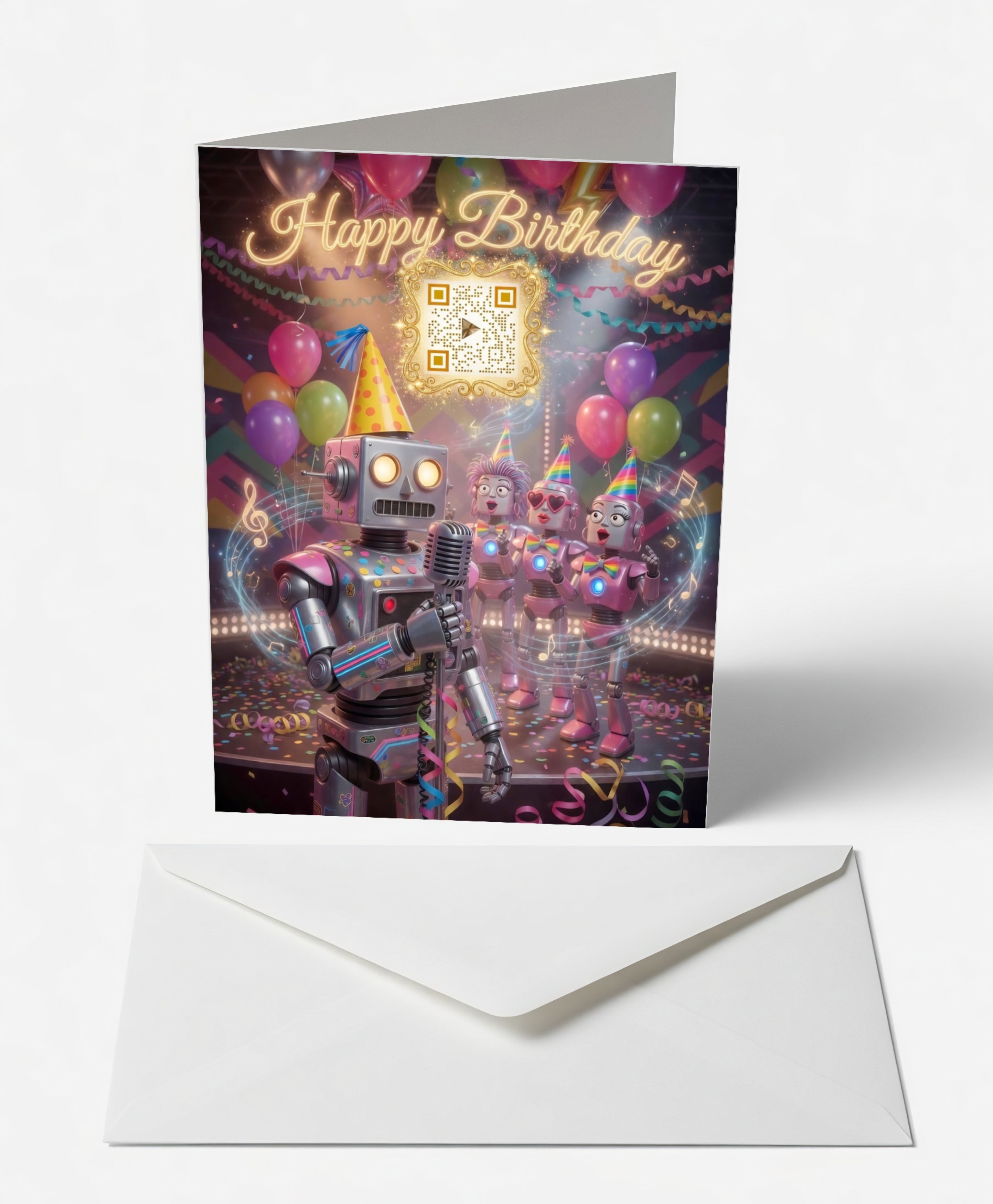 Scanimate | Birthday Card | Retro Robot Chorus Design | Interactive QR Song | With Envelope | Happy Birthday Greeting Card | Kids/Her/Him Cards Infinity
