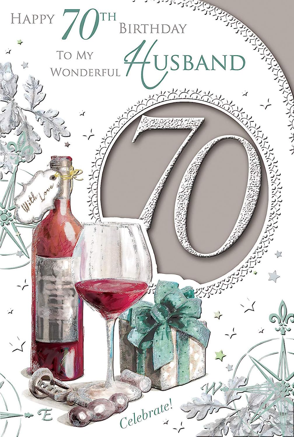 Happy 70th Birthday To My Wonderful Husband Wine Bottle Design Celebrity Style Card