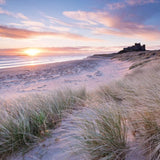Abacus Cards Bamburgh Beach Castle and sand dunes birthday greeting card with colorful seaside illustration.