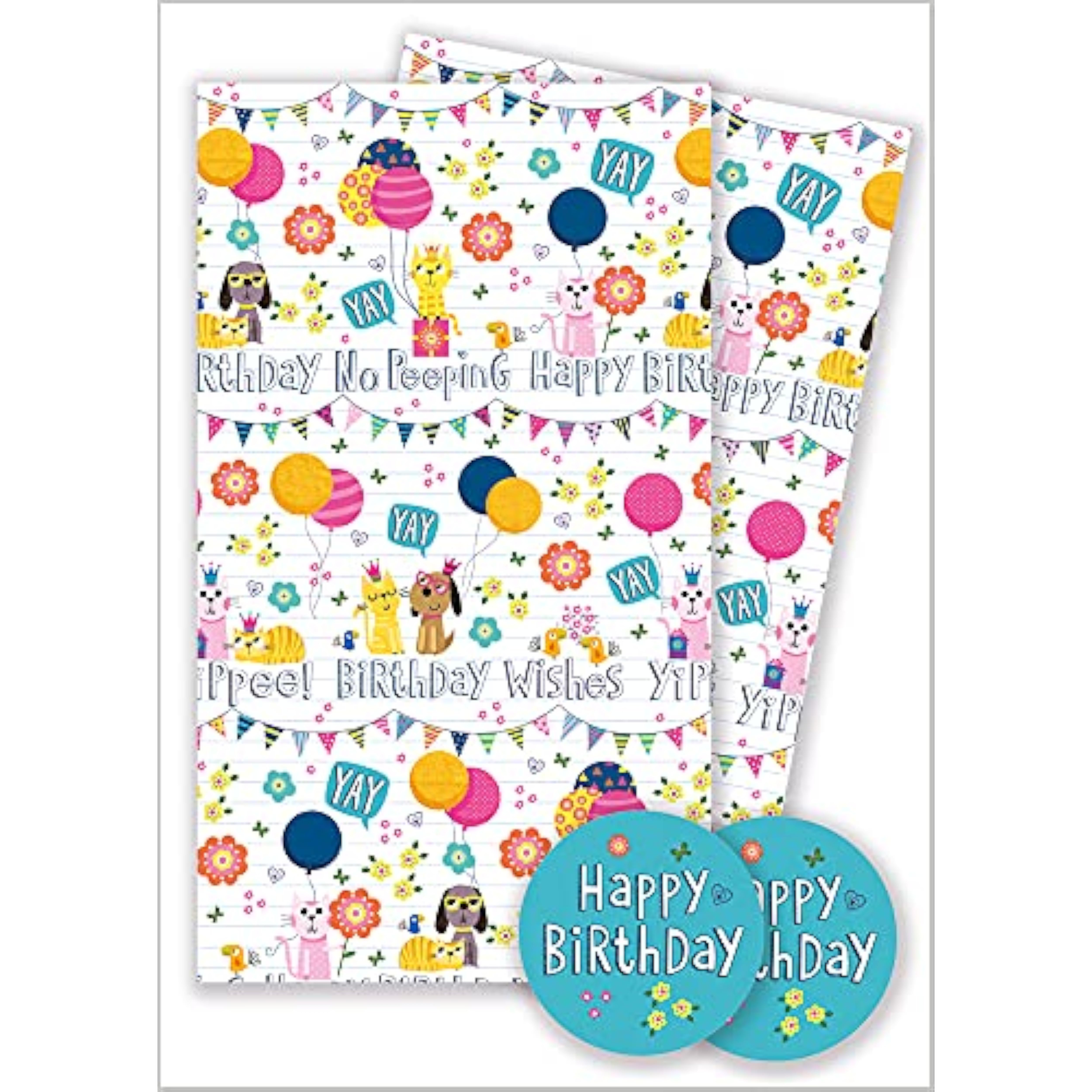 Colorful birthday pet-themed gift wrap with matching tags, designed for wrapping presents and adding a festive touch.