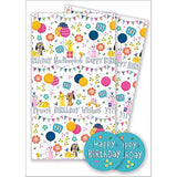 Colorful birthday pet-themed gift wrap with matching tags, designed for wrapping presents and adding a festive touch.