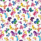 Butterflies-themed gift wrap with two sheets and two tags, featuring colorful butterfly designs on greeting card paper by Abacus Cards.