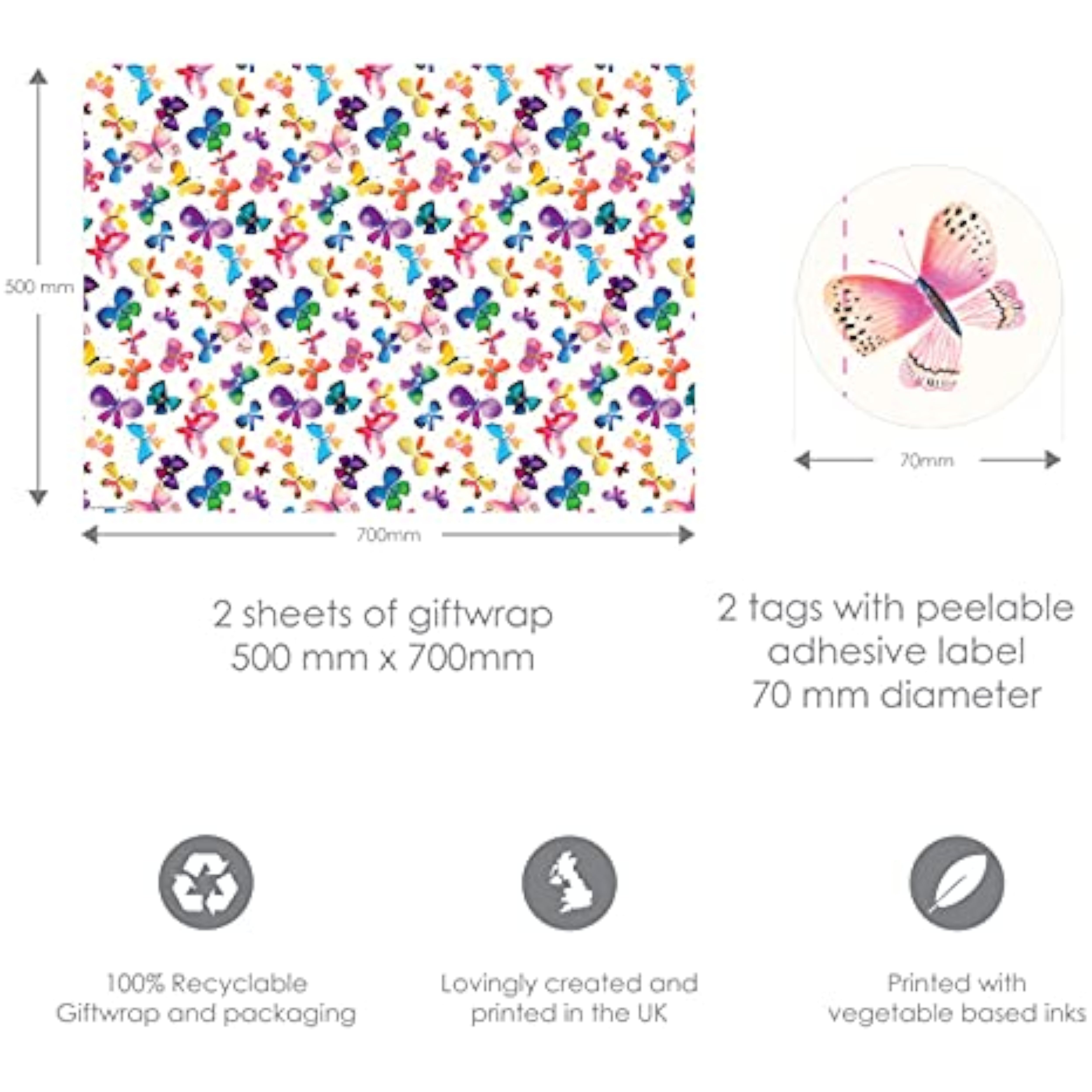 Two sheets of Butterflies Gift Wrap with matching tags, featuring colorful butterfly designs on glossy paper.