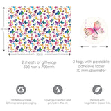 Two sheets of Butterflies Gift Wrap with matching tags, featuring colorful butterfly designs on glossy paper.