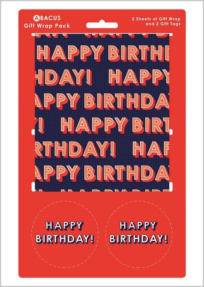 Happy Birthday gift wrap with two sheets and matching tags, colorful greeting card from Abacus Cards, perfect for celebrating.