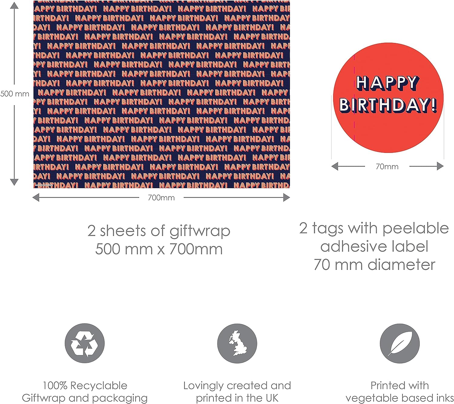 Happy Birthday gift wrap with two sheets and two tags by Abacus Cards, featuring colorful, festive birthday-themed designs.