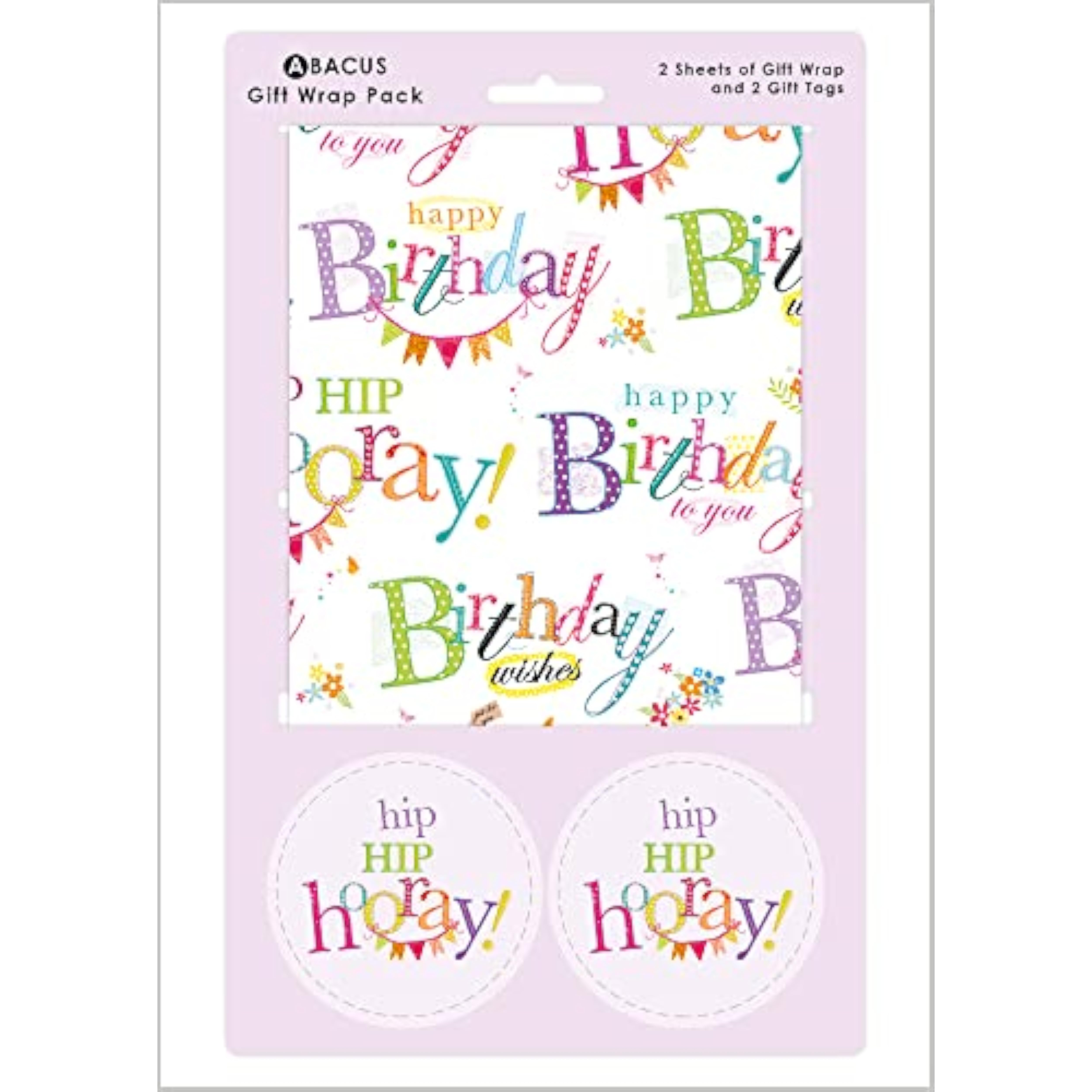 Happy Birthday greeting card with colorful text gift wrap and matching tags, designed by Abacus Cards.