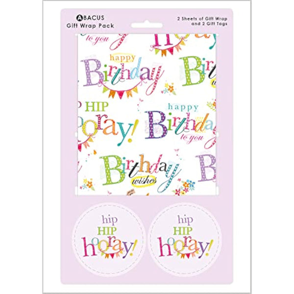 Happy Birthday greeting card with colorful text gift wrap and matching tags, designed by Abacus Cards.