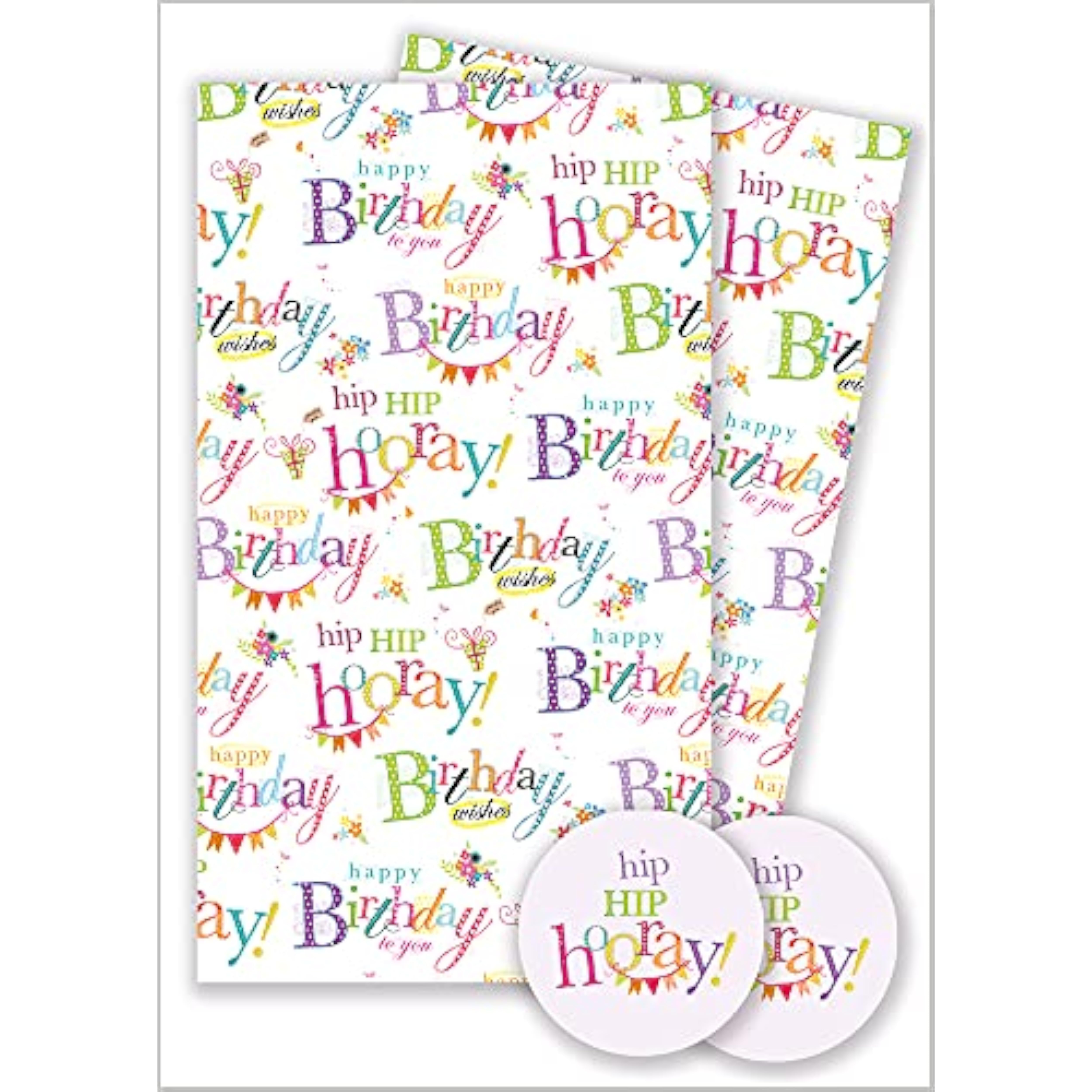 Happy Birthday greeting card with colorful text wrap and matching tags by Abacus Cards, featuring festive and cheerful design elements.