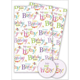 Happy Birthday greeting card with colorful text wrap and matching tags by Abacus Cards, featuring festive and cheerful design elements.