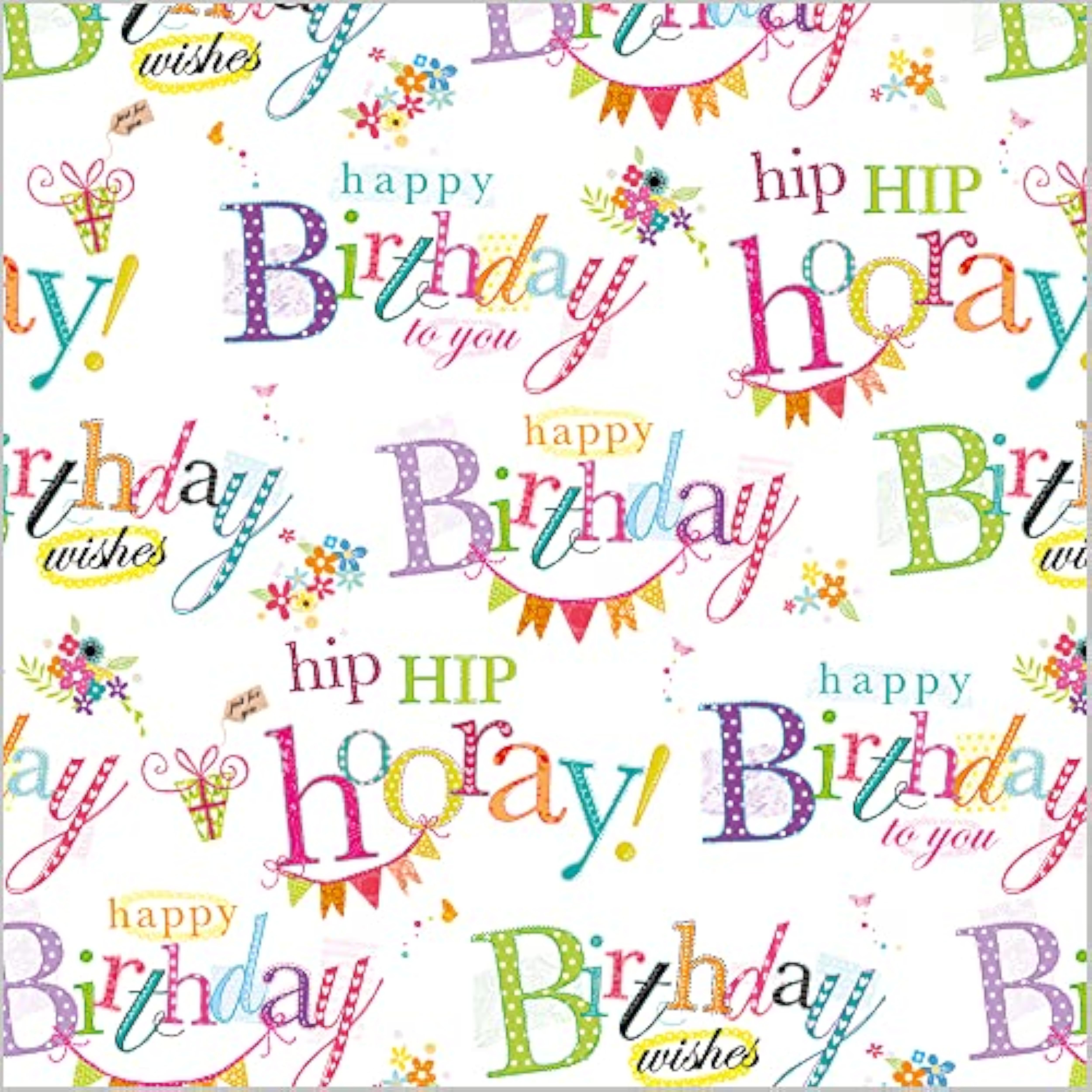 Colorful Happy Birthday greeting card with matching gift wrap and tags by Abacus Cards, featuring festive text and decorative designs.