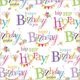 Colorful Happy Birthday greeting card with matching gift wrap and tags by Abacus Cards, featuring festive text and decorative designs.