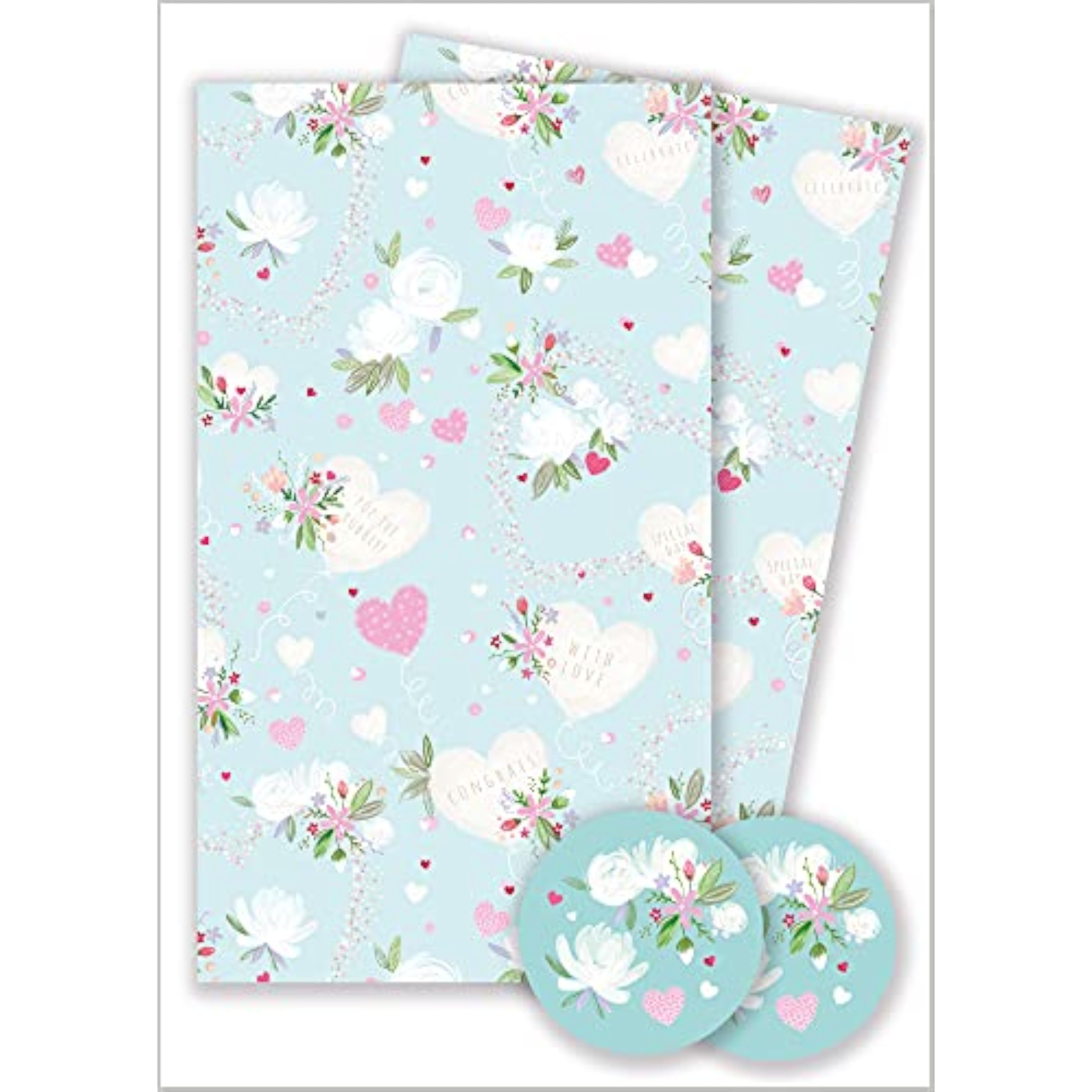 Love Heart and floral greeting card set with 2 sheets and 2 tags, featuring colorful flower and love heart designs by Abacus Cards.