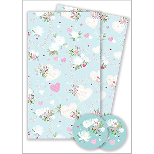Love Heart and floral greeting card set with 2 sheets and 2 tags, featuring colorful flower and love heart designs by Abacus Cards.