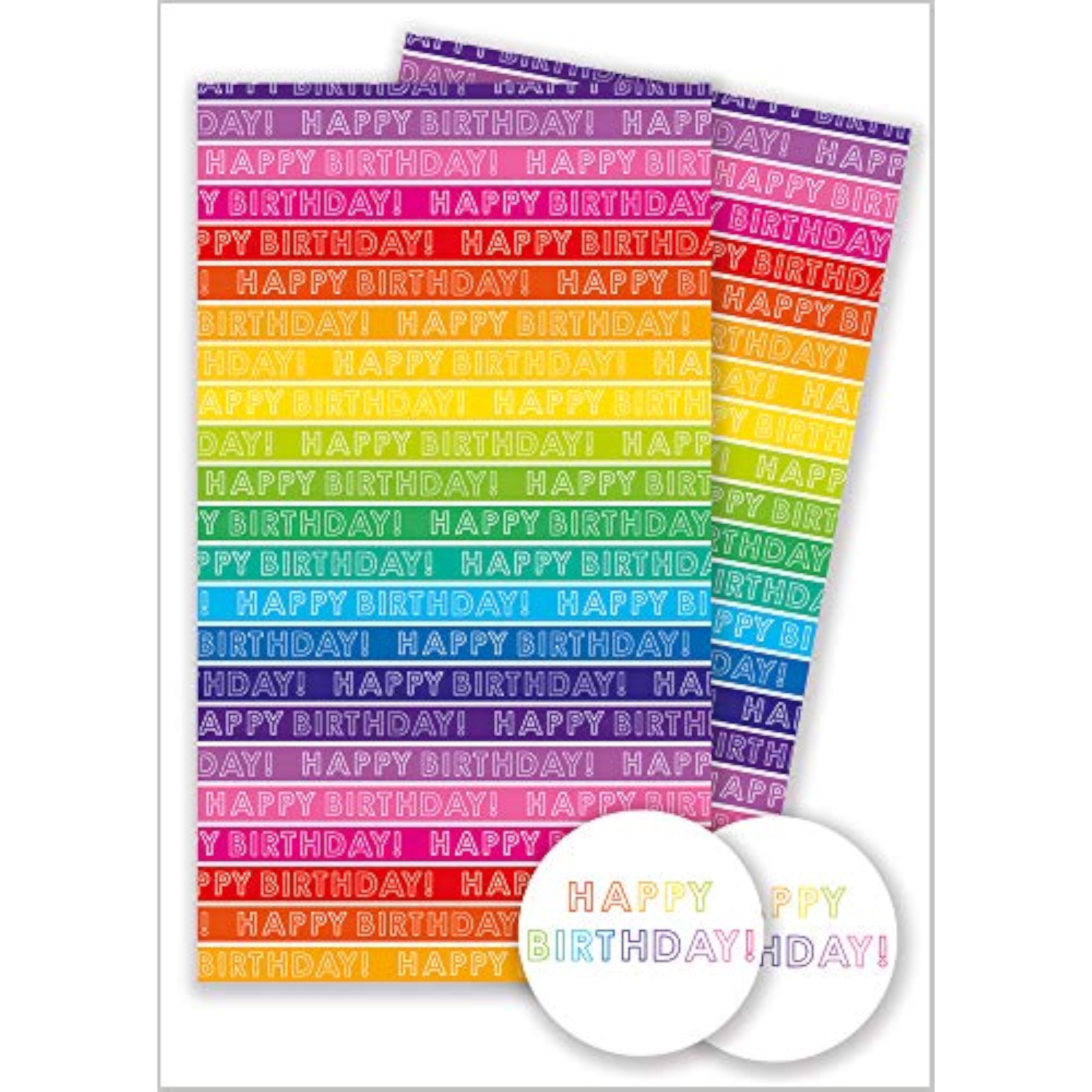 Rainbow stripe gift wrap set featuring colorful greeting cards from Abacus Cards, with vibrant rainbow-striped design and festive details.