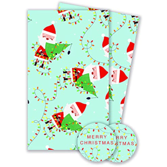 Festive Santa-themed gift wrap set with two sheets and two tags, featuring cheerful holiday designs by Abacus Cards.