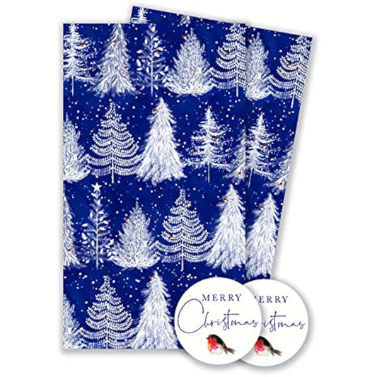 Trees gift wrap set with two sheets and two tags, featuring festive tree designs for holiday gifting by Abacus Cards.
