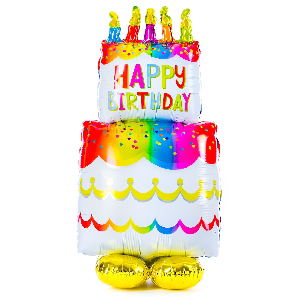Colorful birthday cake foil balloon by Anagram, decorated with vibrant cake and candle illustrations for celebration.