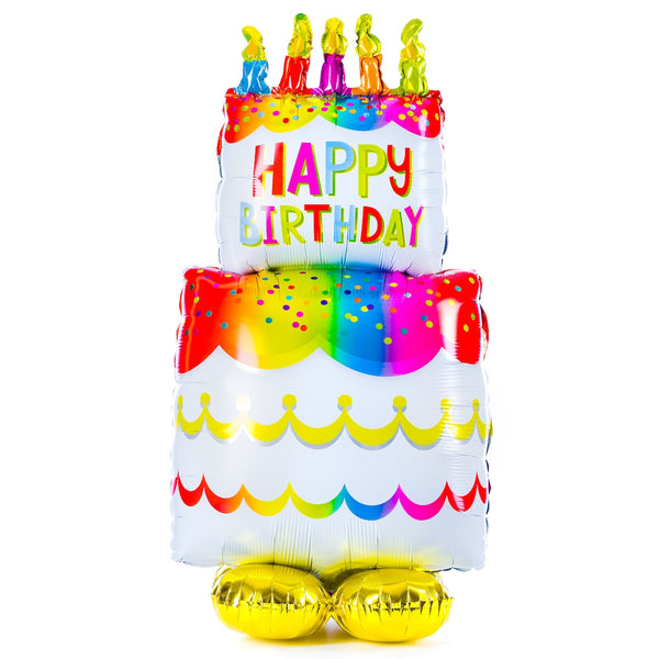 Colorful birthday cake foil balloon by Anagram, decorated with vibrant cake and candle illustrations for celebration.