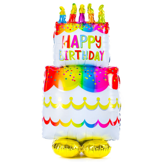 Colorful birthday cake foil balloon by Anagram, decorated with vibrant cake and candle illustrations for celebration.