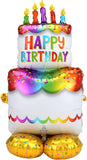 Silver birthday cake foil balloon by Anagram with colorful birthday-themed designs, perfect for celebration decorations.
