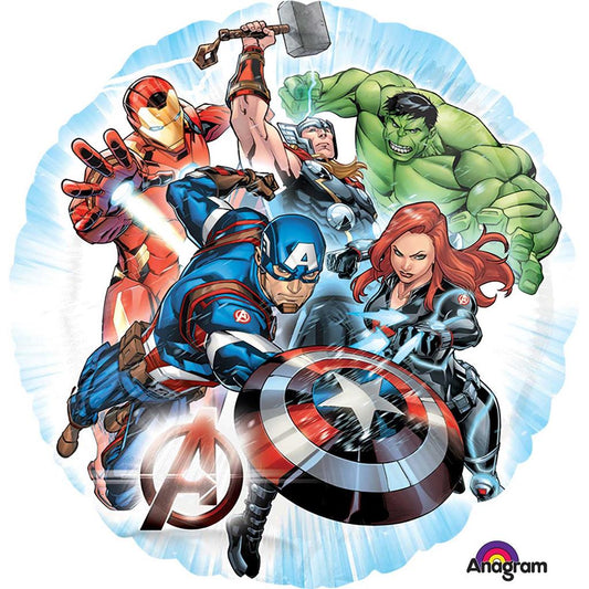 Colorful Marvel Avengers foil balloon featuring superhero images, ideal for celebrations and fan-themed parties.