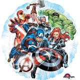 Colorful Marvel Avengers foil balloon featuring superhero images, ideal for celebrations and fan-themed parties.