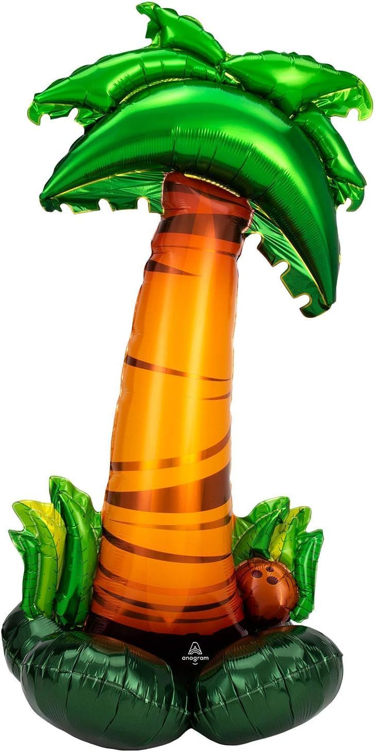 Anagram palm tree foil balloon with green leaves and brown trunk, inflated and floating against a white background.