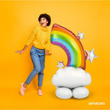 Colorful rainbow foil balloon from Anagram, featuring vibrant rainbow stripes and a shiny metallic surface.